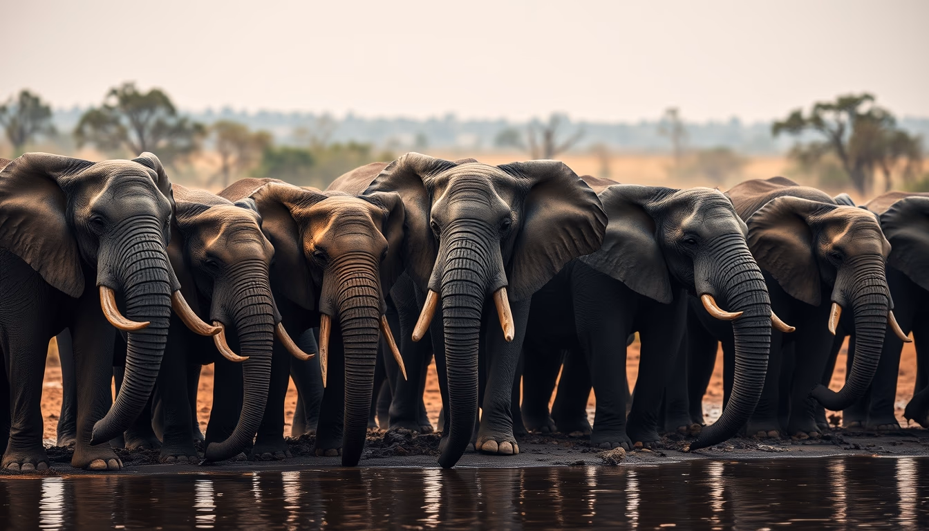 elephant herd at watering hole in editorial style