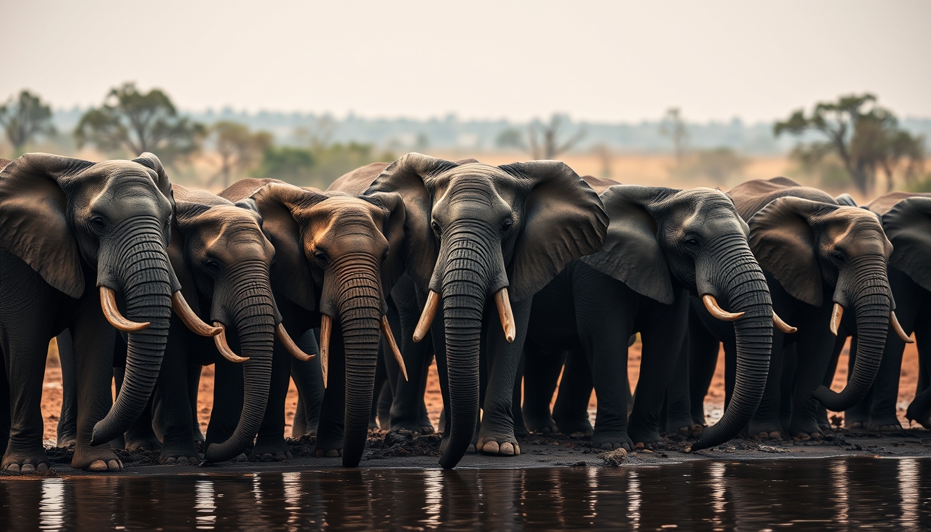elephant herd at watering hole in editorial style