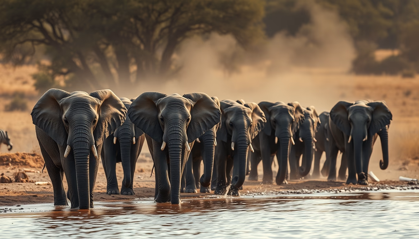 elephant herd at watering hole in editorial style