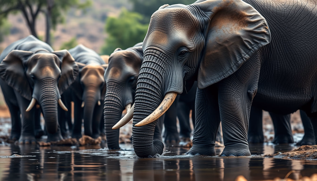 elephant herd at watering hole in editorial style