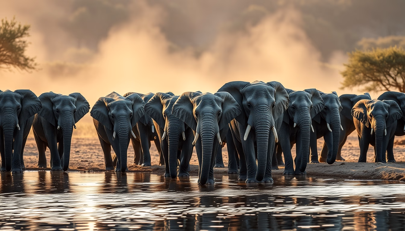 elephant herd at watering hole in editorial style