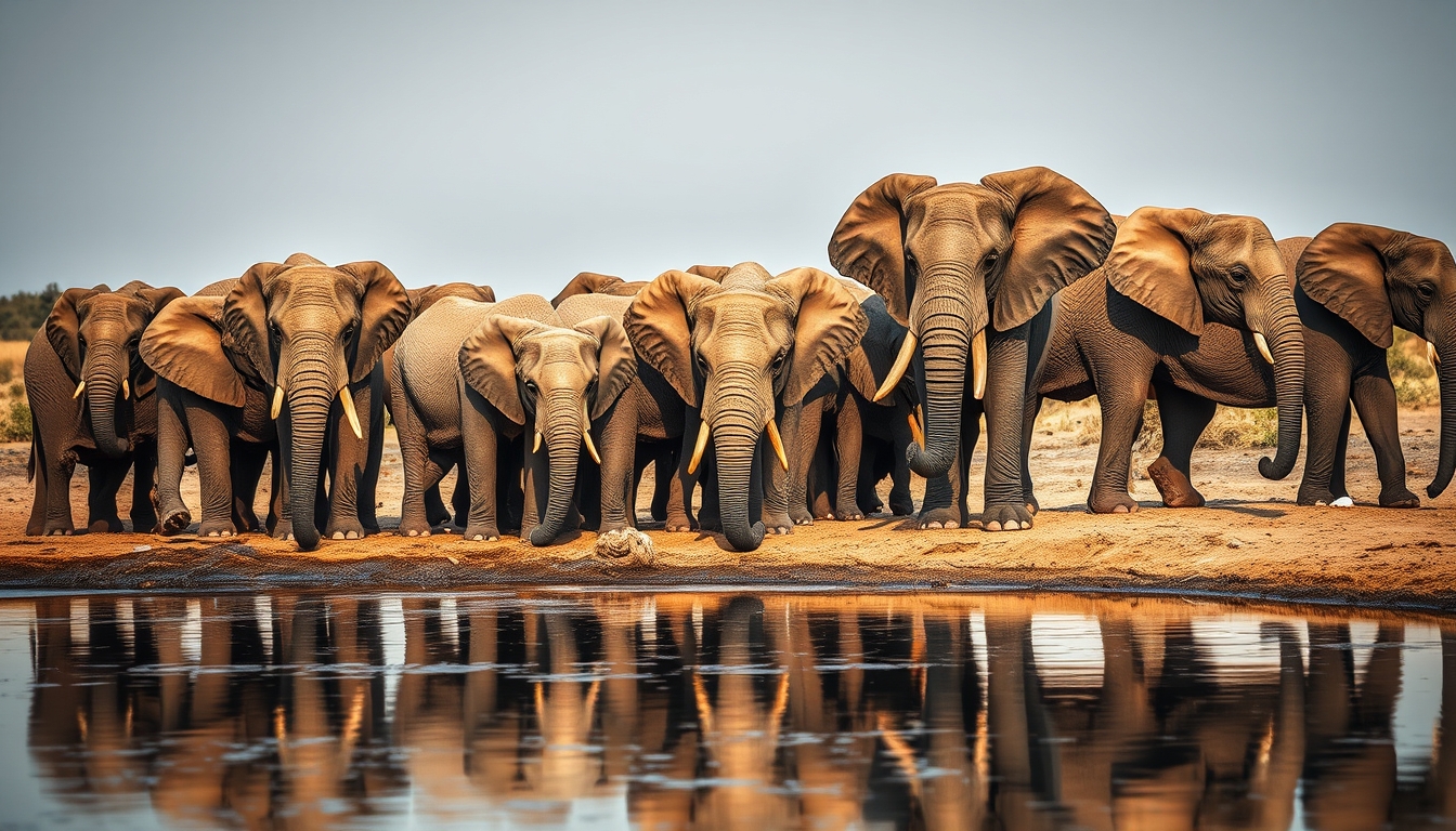 elephant herd at watering hole in editorial style