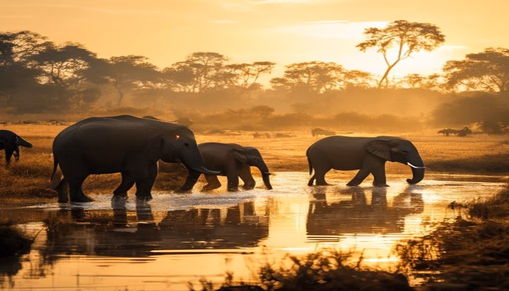 elephant herd at watering hole in editorial style
