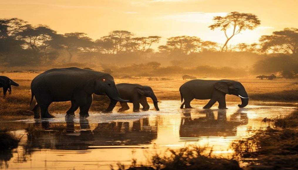 Elephant herd at watering hole em estilo editorial