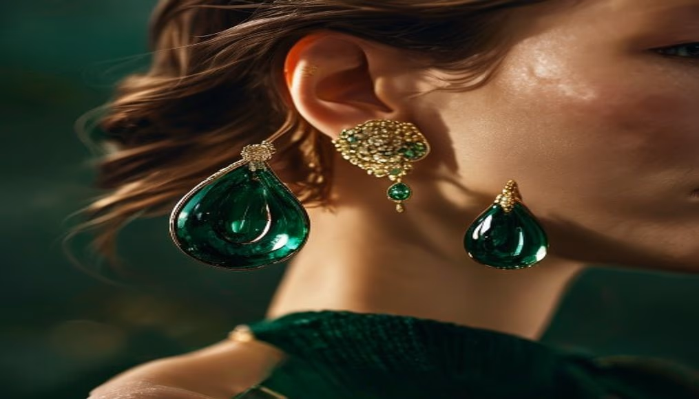 Emerald drop earrings 18k em fotografia editorial de luxo