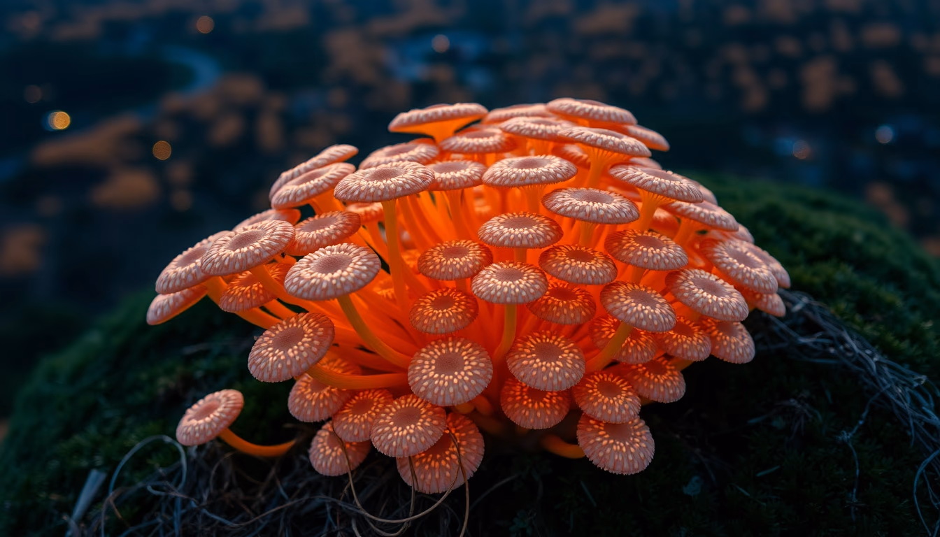 enoki mushroom cluster in editorial style