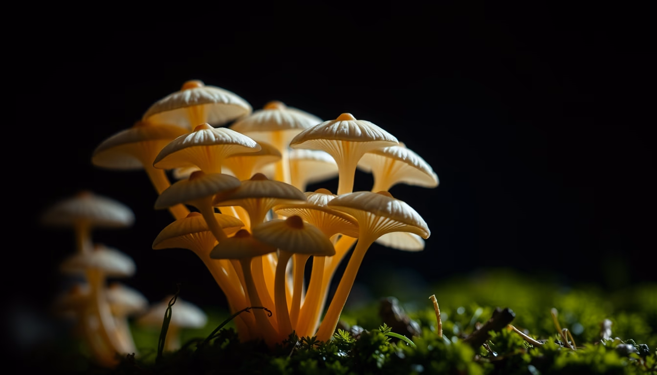 enoki mushroom cluster in editorial style