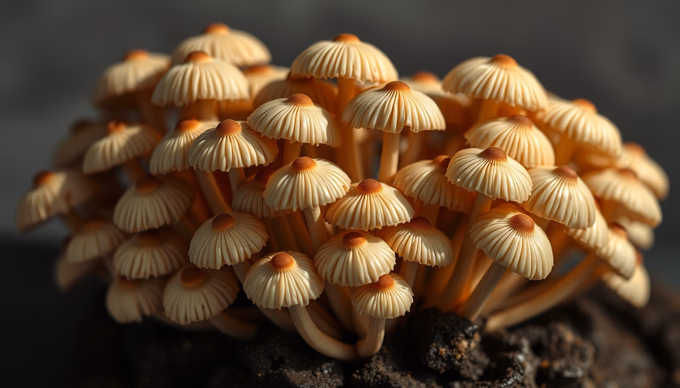 enoki mushroom cluster in editorial style