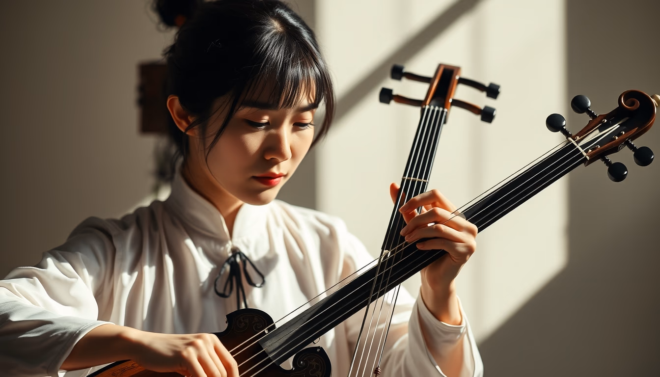 erhu chinese fiddle in editorial style