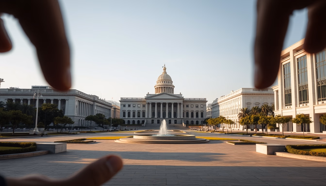 Brasília Ministries Esplanade with National Congress and ministerial buildings aligned in editorial style