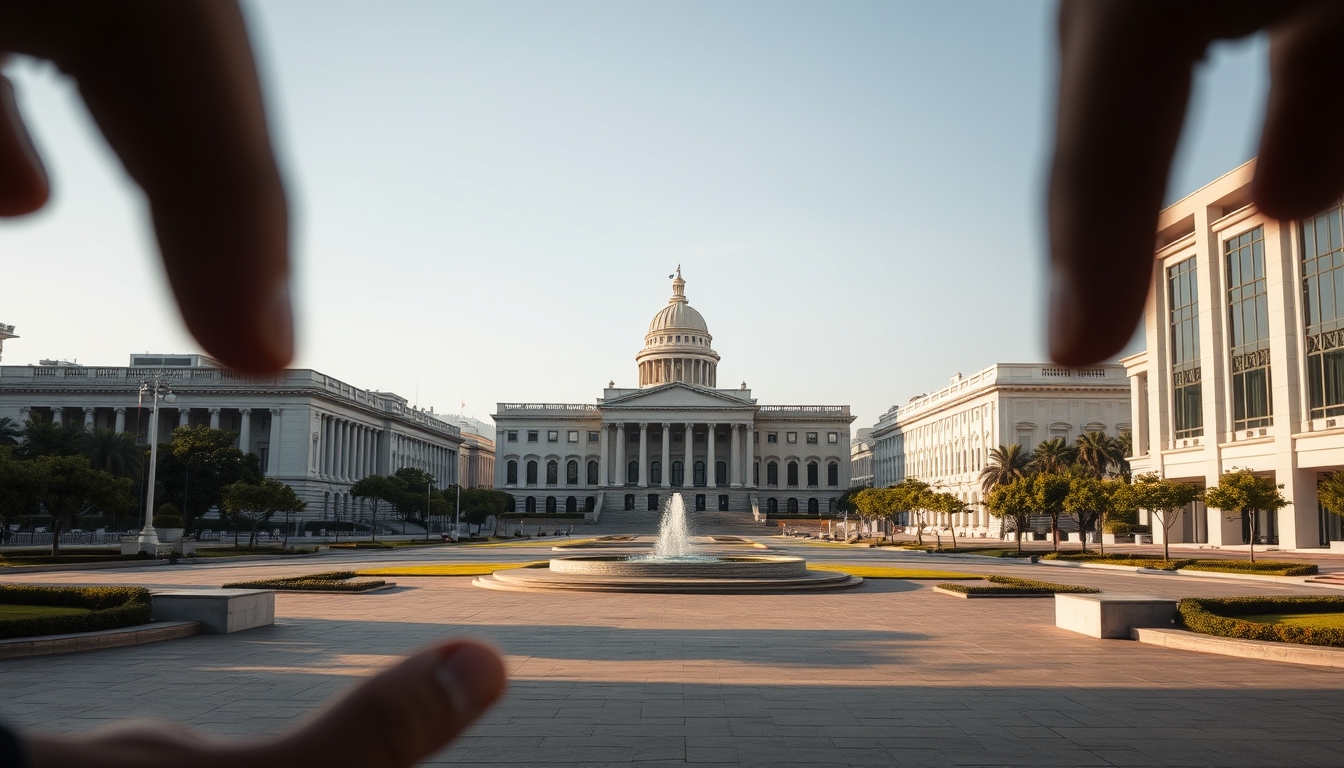 Brasília Ministries Esplanade with National Congress and ministerial buildings aligned in editorial style