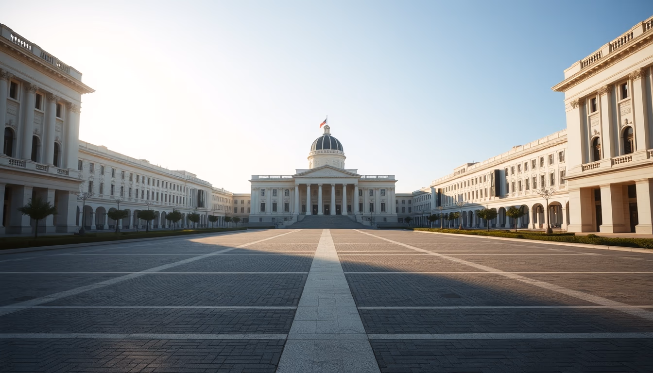 Brasília Ministries Esplanade with National Congress and ministerial buildings aligned in editorial style