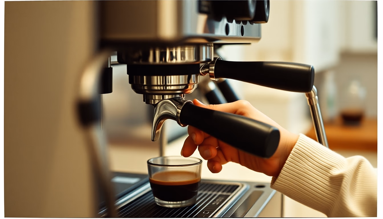 espresso machine pulling shot in editorial style