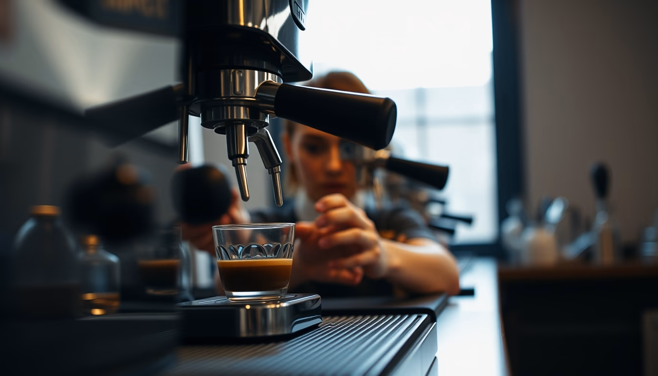 espresso machine pulling shot in editorial style