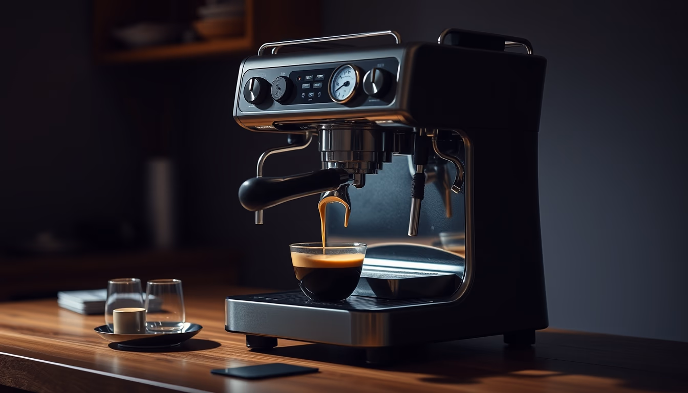 espresso machine pulling shot in editorial style