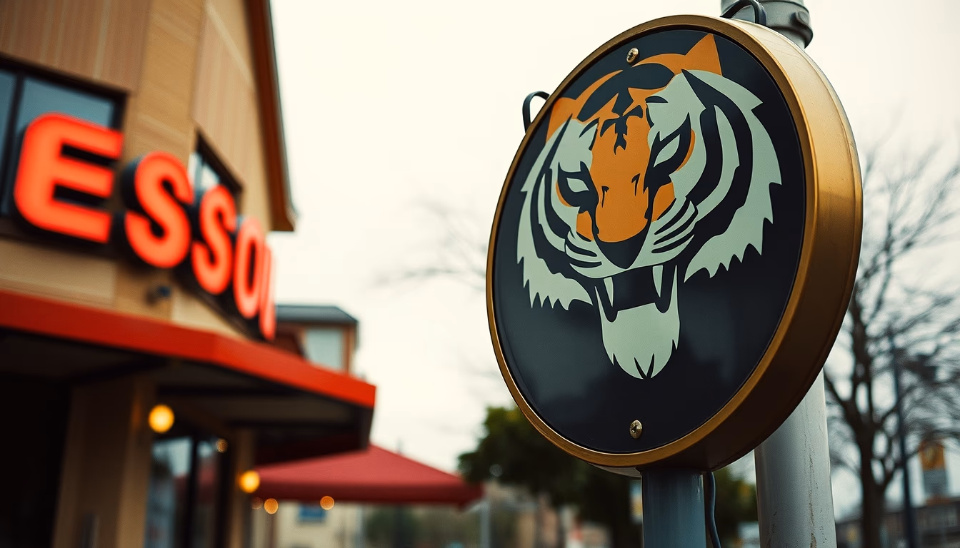 esso tiger sign in editorial style