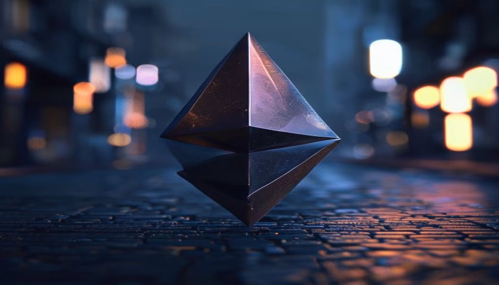 ethereum 3D render on dark gradient in editorial style