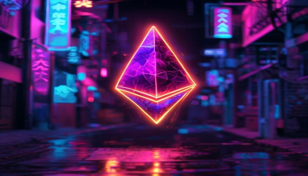 ethereum logo glowing in cyberpunk neon in editorial style