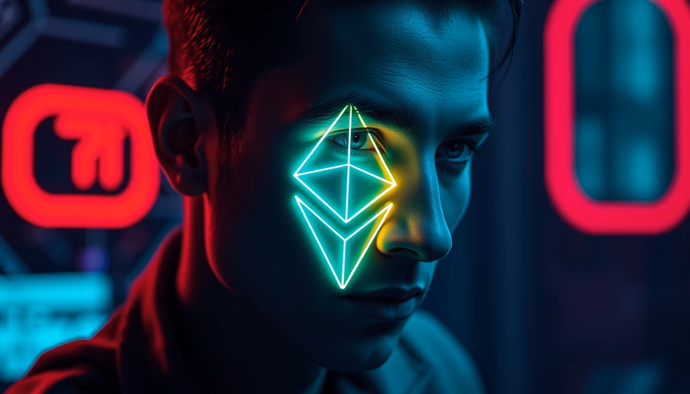 ethereum logo glowing in cyberpunk neon in editorial style