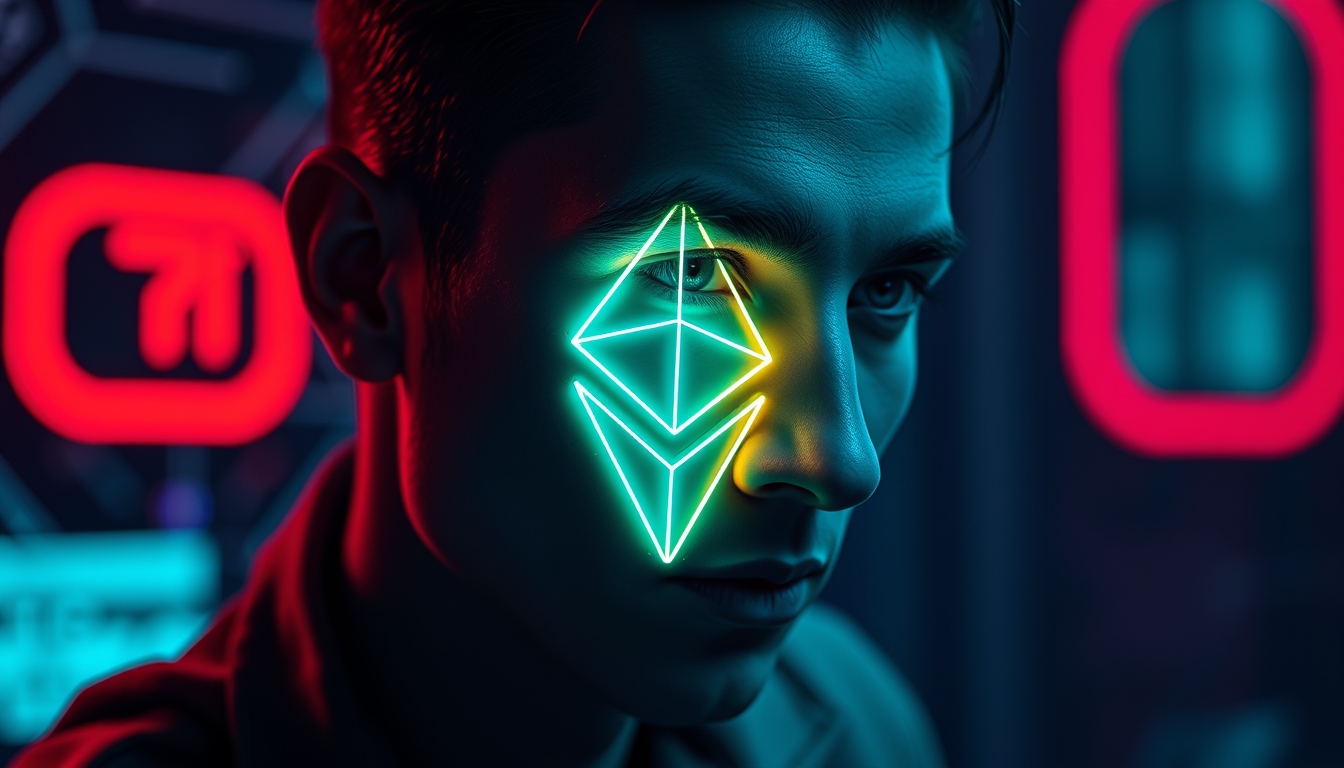 ethereum logo glowing in cyberpunk neon in editorial style