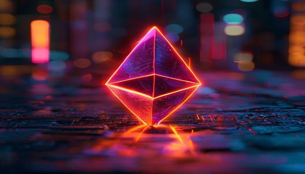 ethereum logo glowing in cyberpunk neon in editorial style