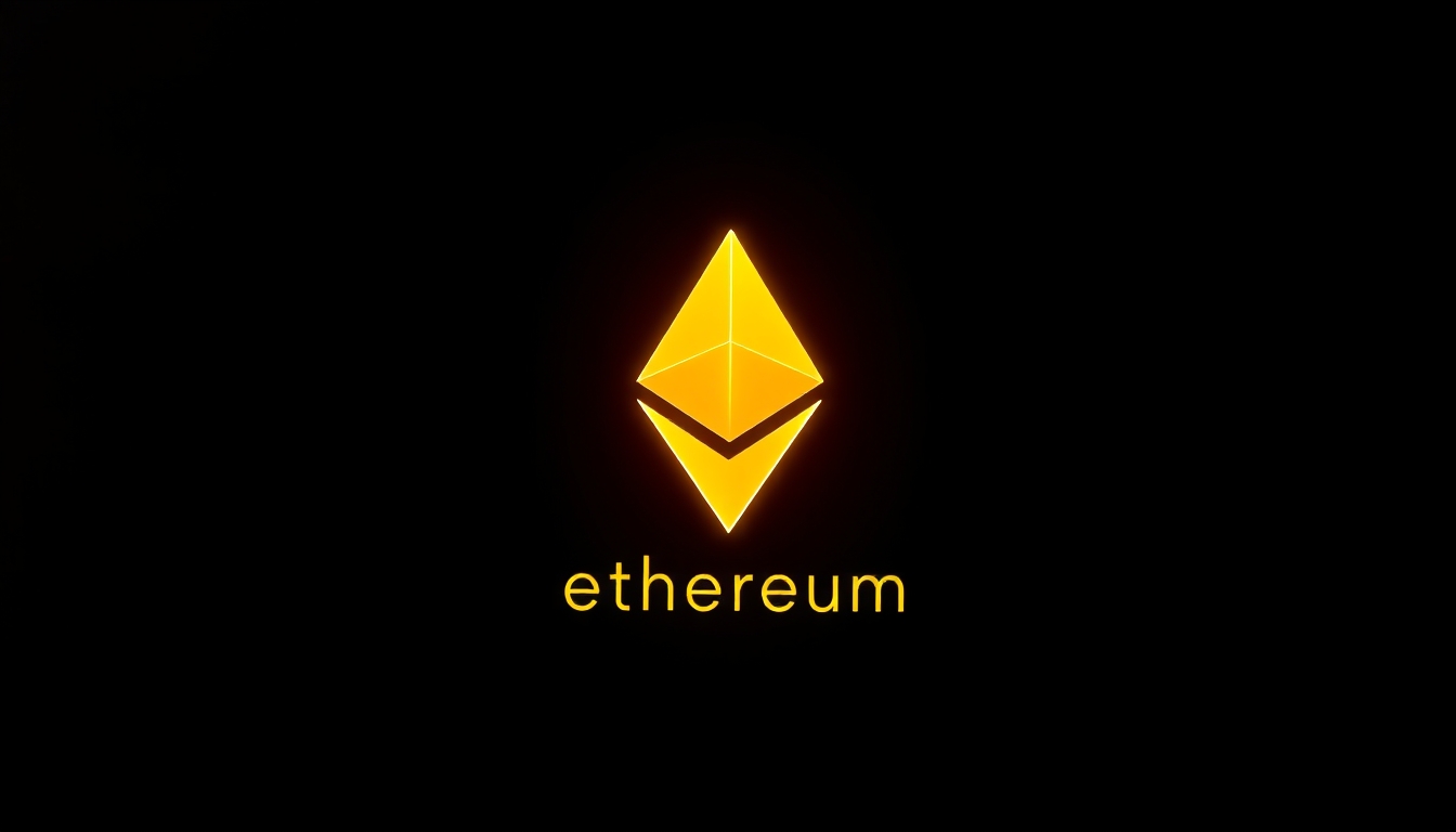 Logo do ethereum brilhando em fundo escuro com gradiente em estilo editorial