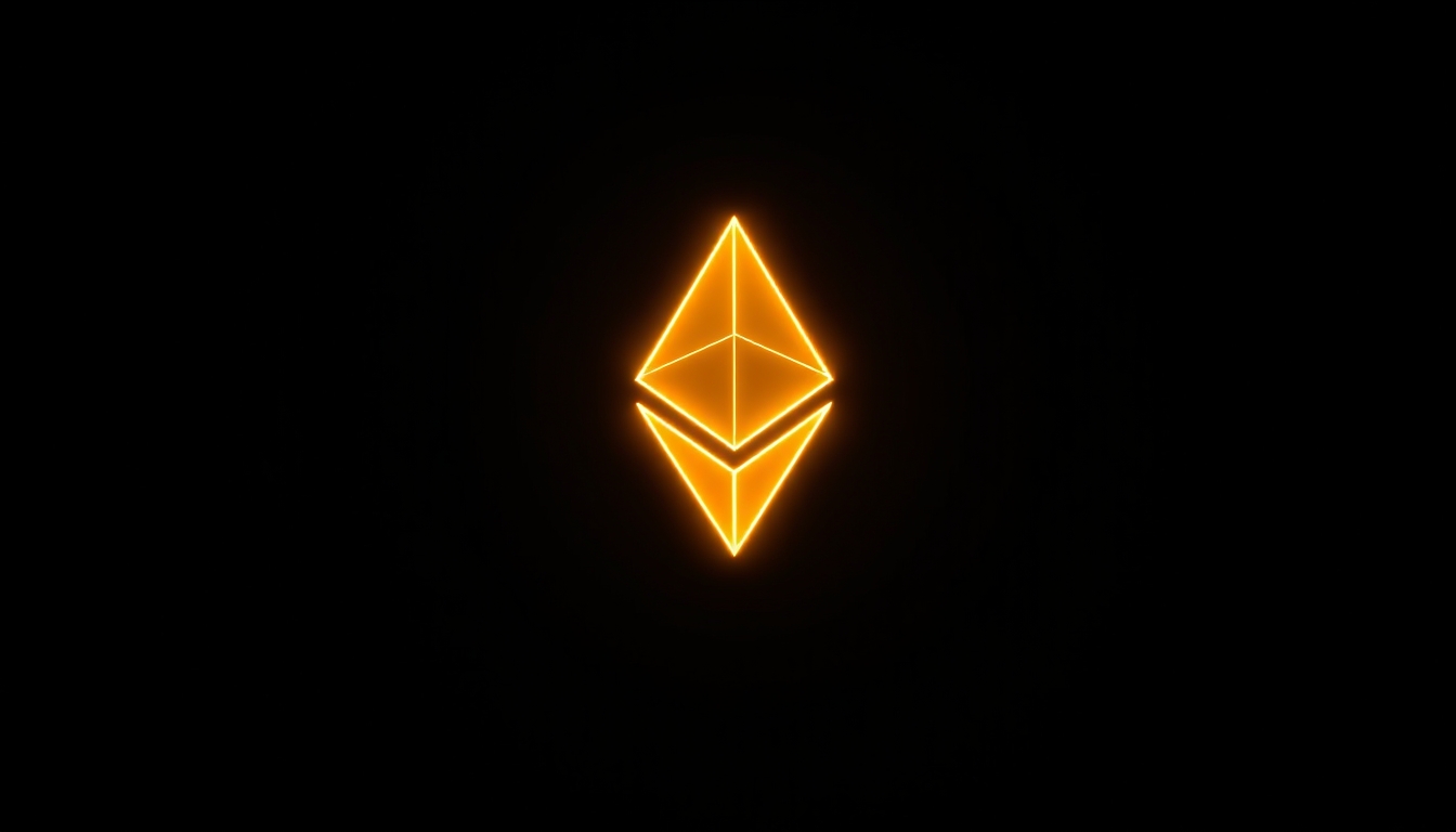 Logo do ethereum brilhando em fundo escuro com gradiente em estilo editorial