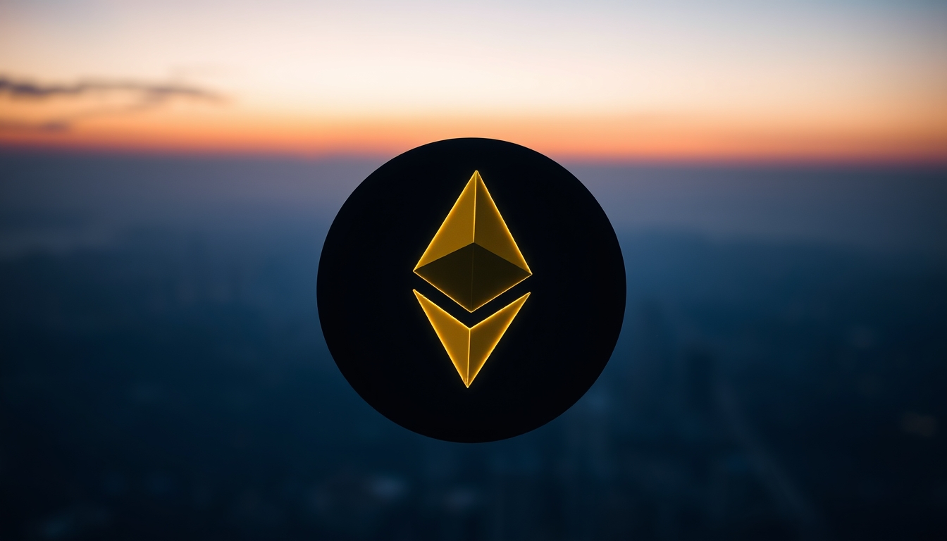 Logo do ethereum brilhando em fundo escuro com gradiente em estilo editorial