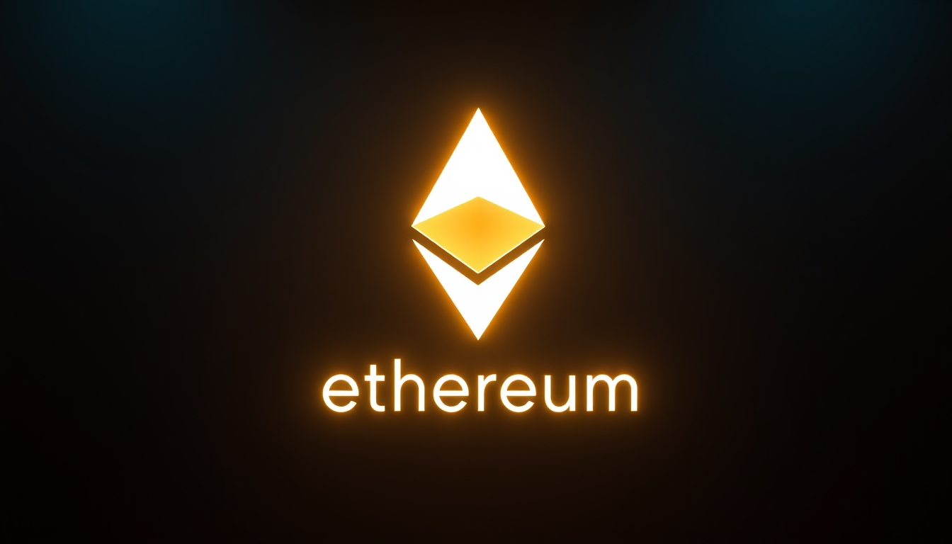 Logo do ethereum brilhando em fundo escuro com gradiente em estilo editorial