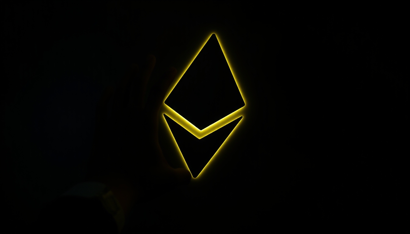 Logo do ethereum brilhando em fundo escuro com gradiente em estilo editorial