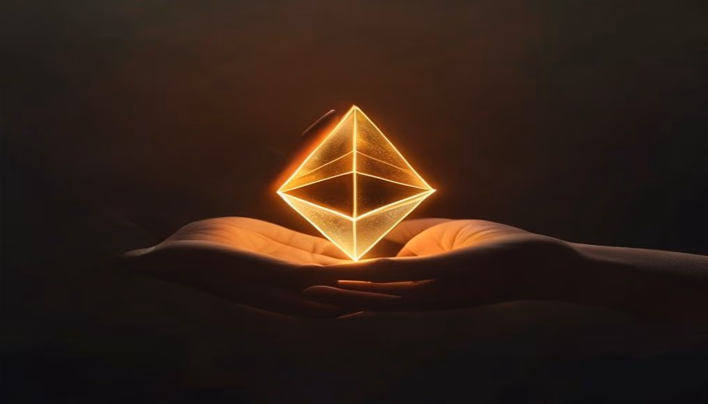 ethereum logo glowing on dark gradient background in editorial style