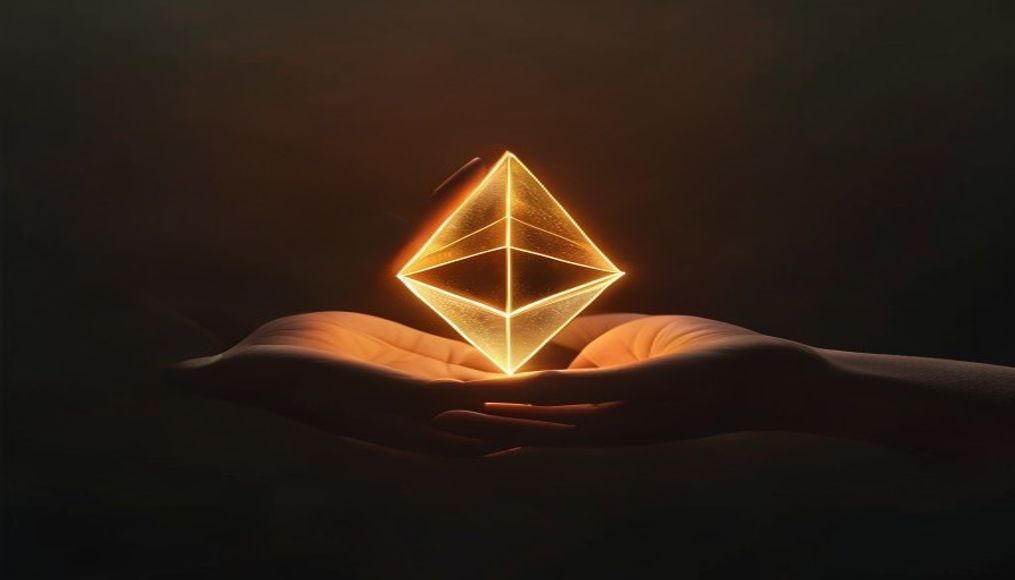 Logo do ethereum brilhando em fundo escuro com gradiente em estilo editorial