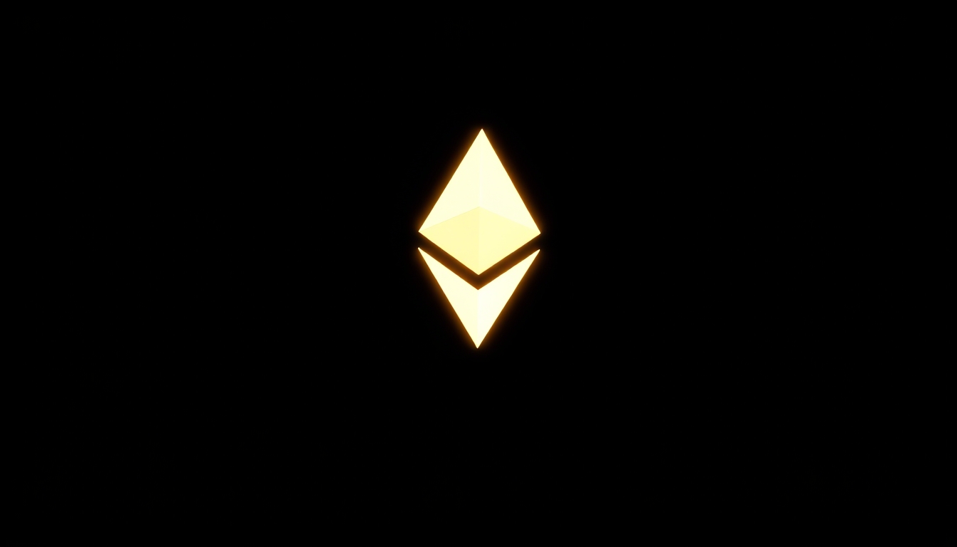 Logo do ethereum brilhando em fundo escuro com gradiente em estilo editorial