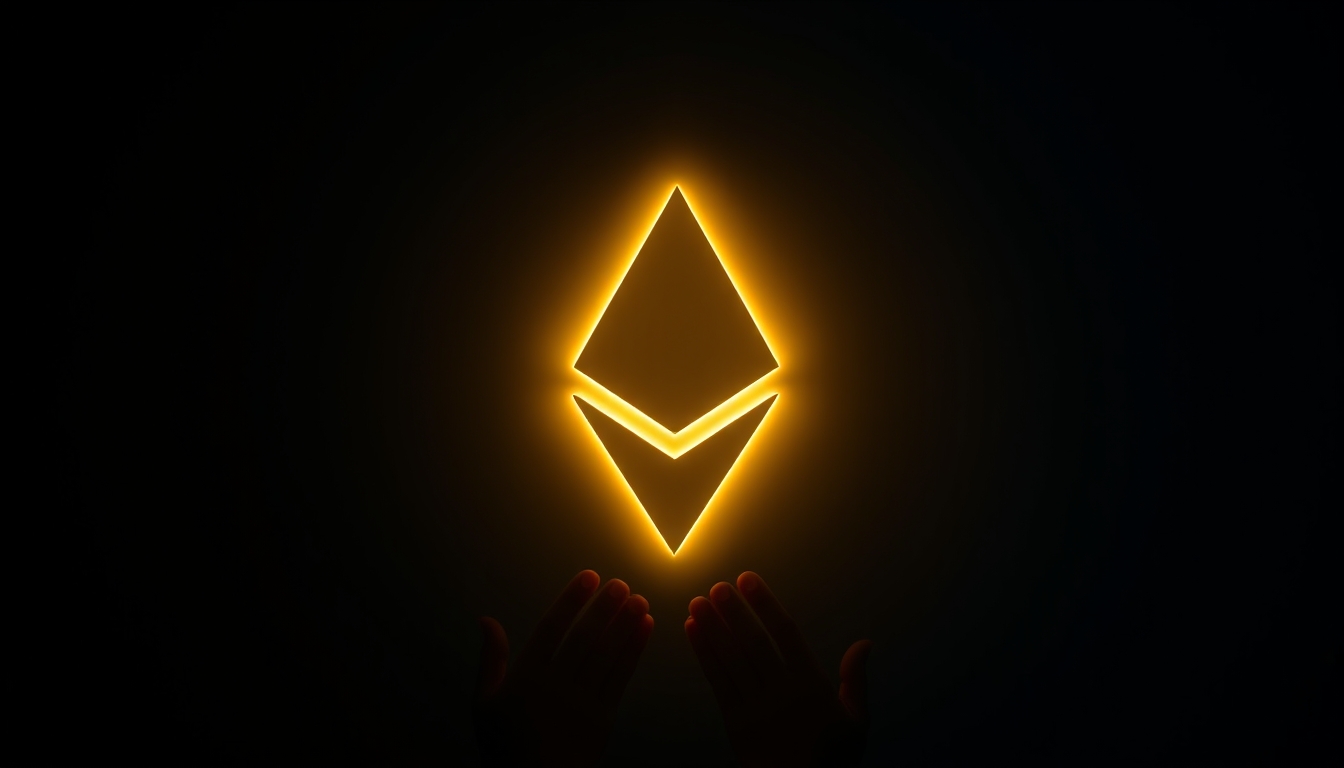 Logo do ethereum brilhando em fundo escuro com gradiente em estilo editorial