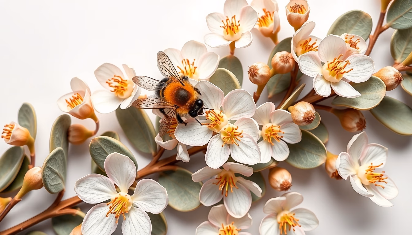 eucalyptus bee blooms in editorial style