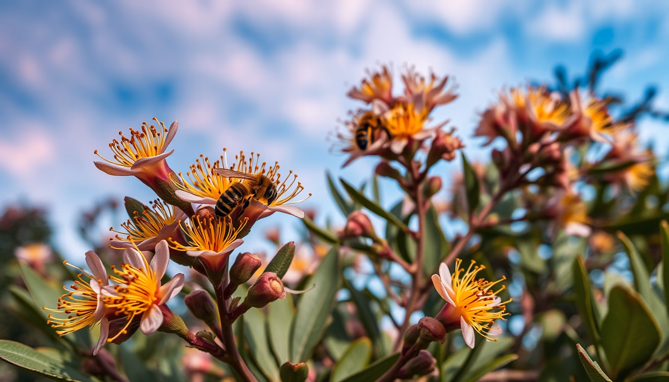 eucalyptus bee blooms in editorial style