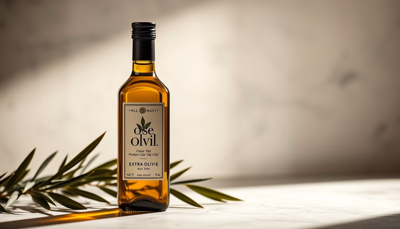 extra virgin olive oil bottle in editorial style