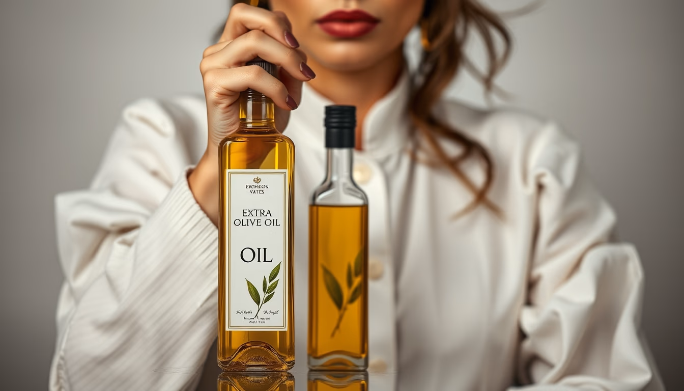 extra virgin olive oil bottle in editorial style