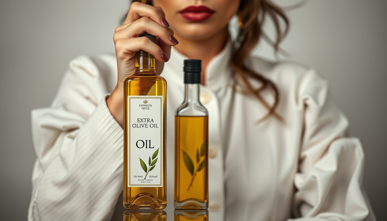 extra virgin olive oil bottle in editorial style