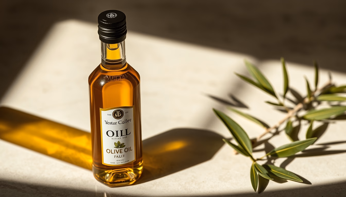 extra virgin olive oil bottle in editorial style