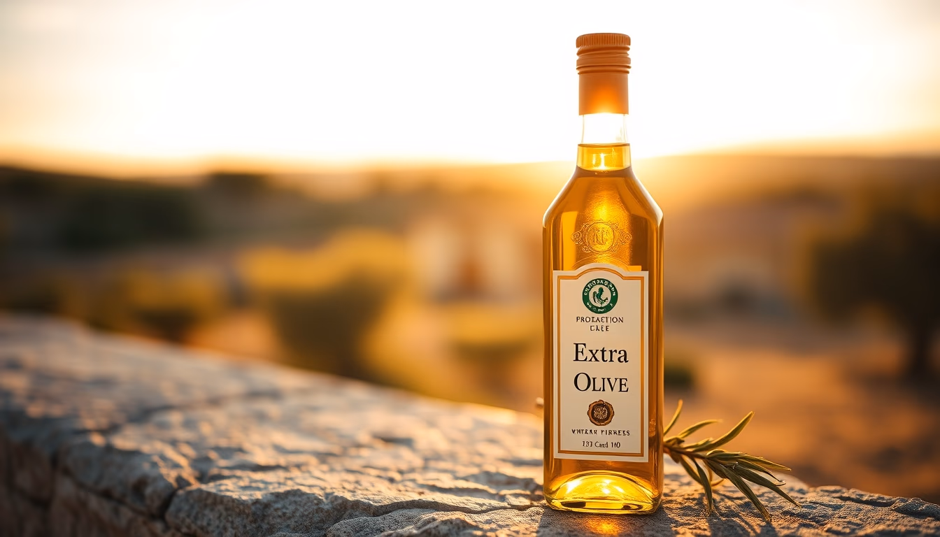 extra virgin olive oil bottle in editorial style