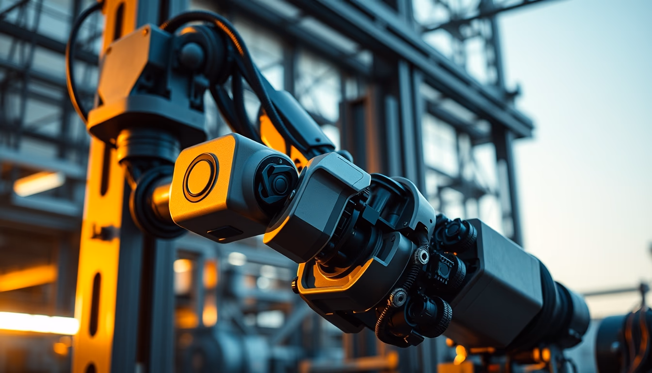 Factory robot arm assembly em estilo editorial