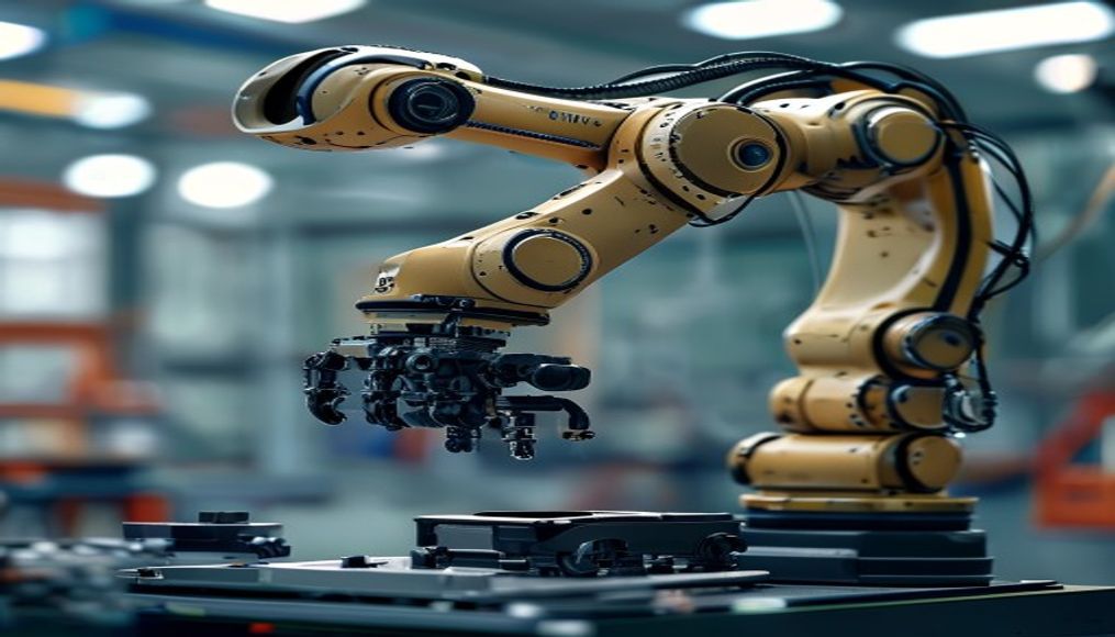 Factory robot arm assembly em estilo editorial