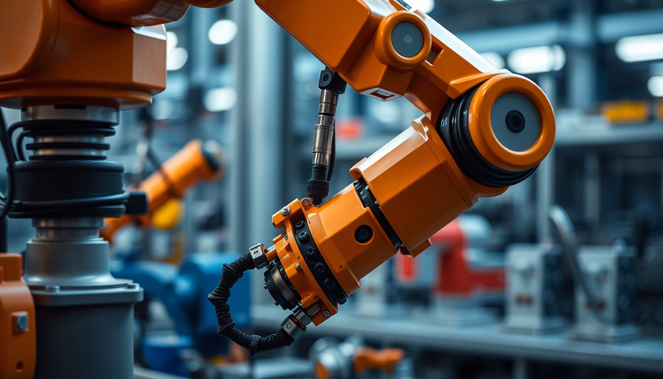 Factory robot arm assembly em estilo editorial