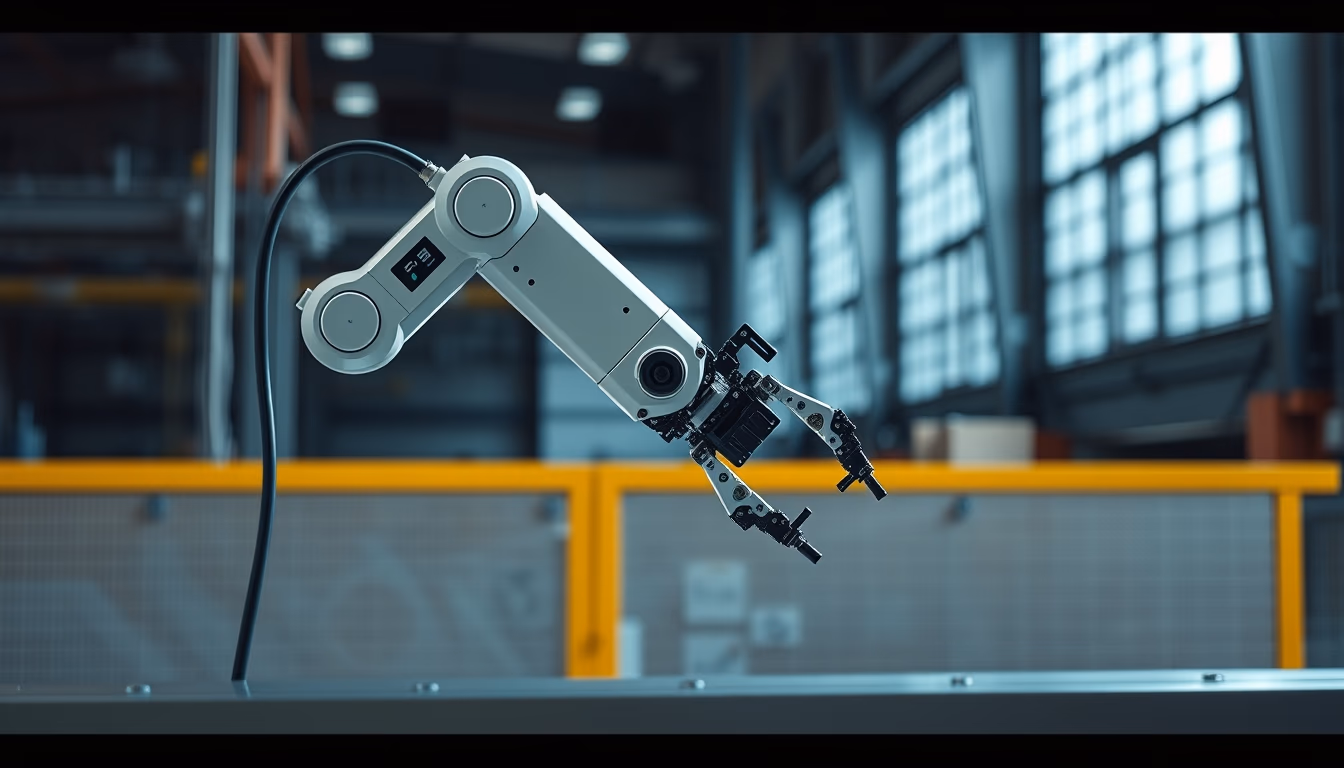 Factory robot arm assembly em estilo editorial