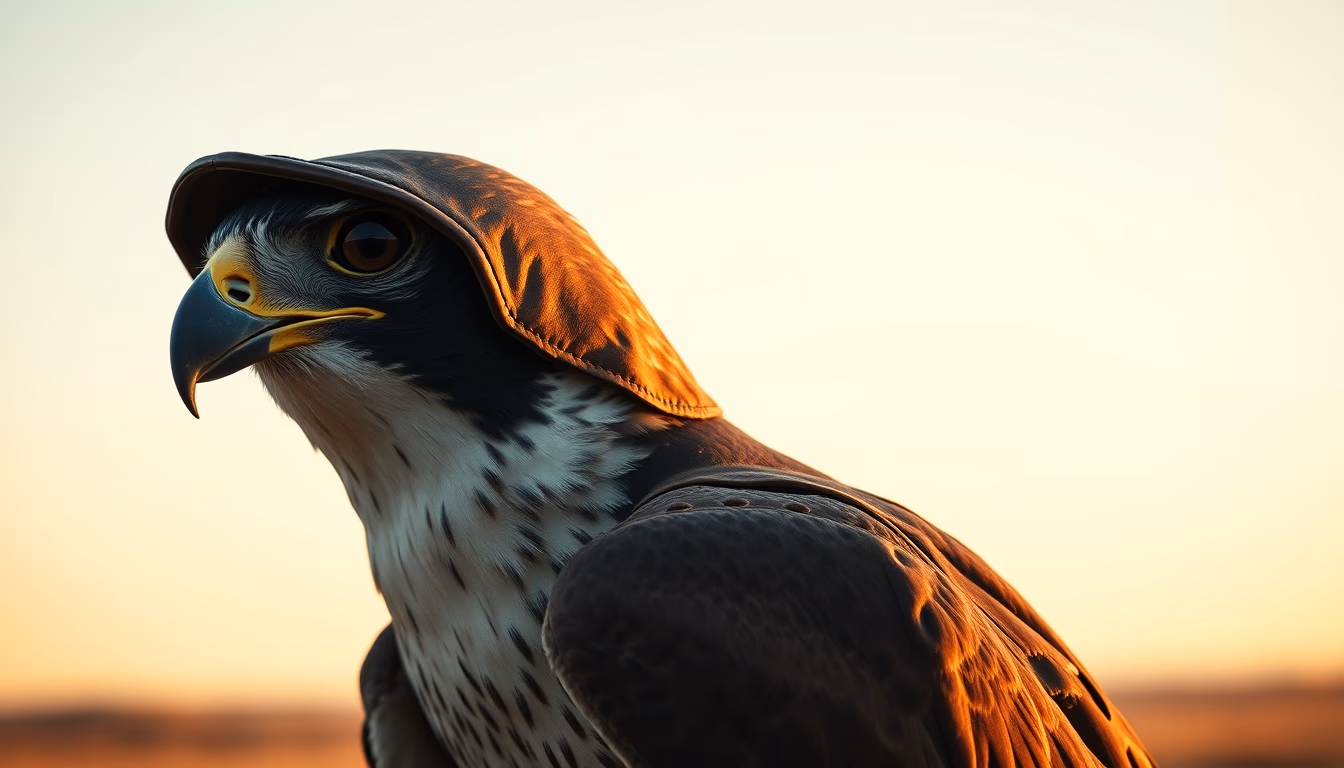 falcon perch leather hood in editorial style