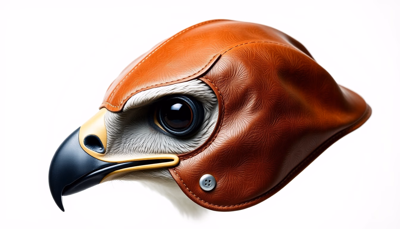 falcon perch leather hood in editorial style