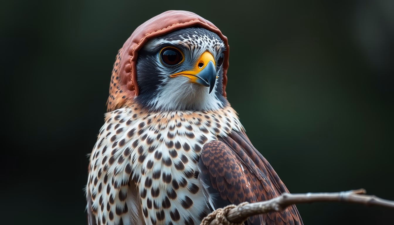 falcon perch leather hood in editorial style