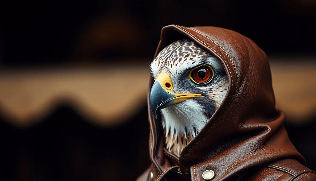 falcon perch leather hood in editorial style