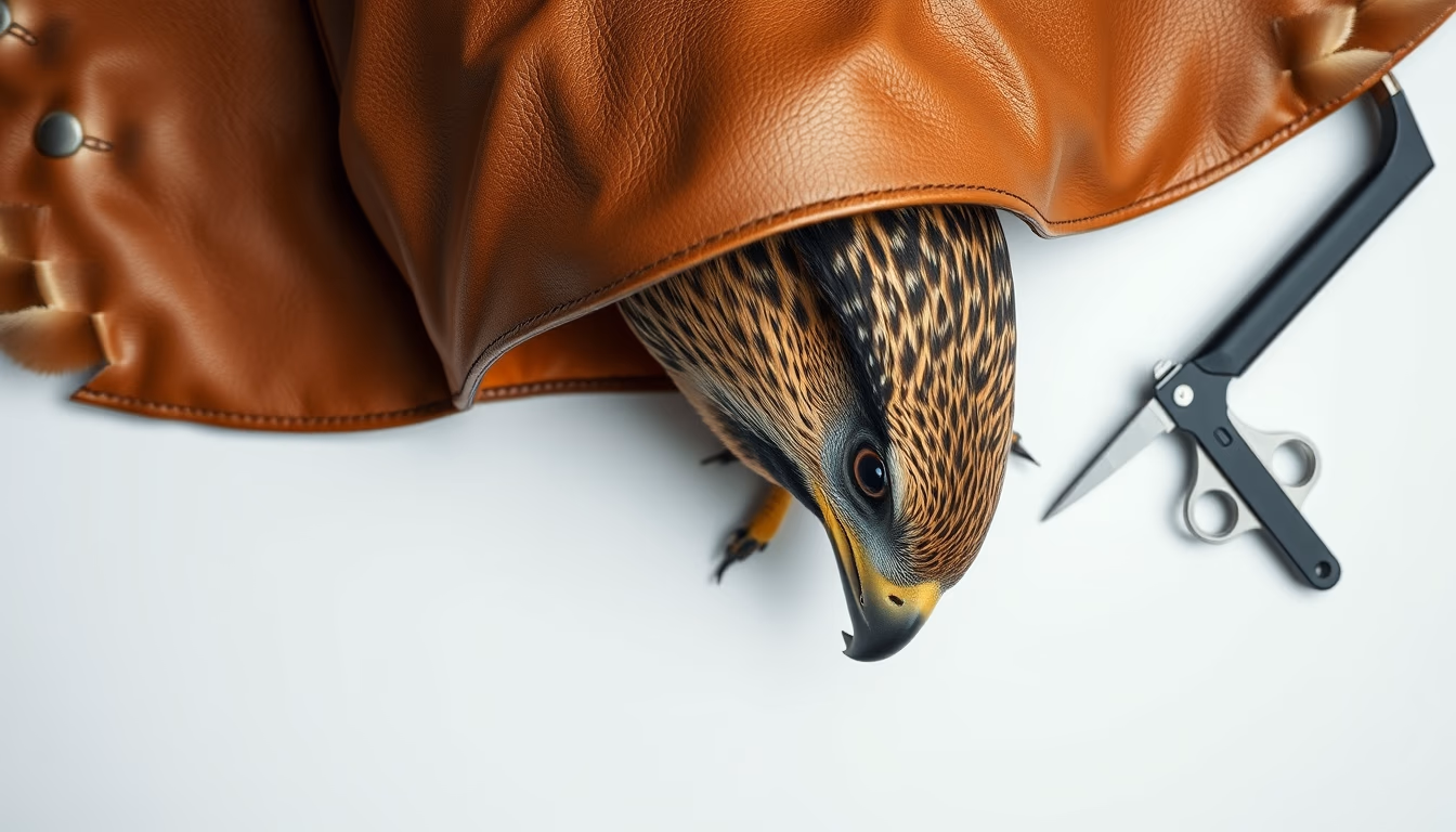 falcon perch leather hood in editorial style